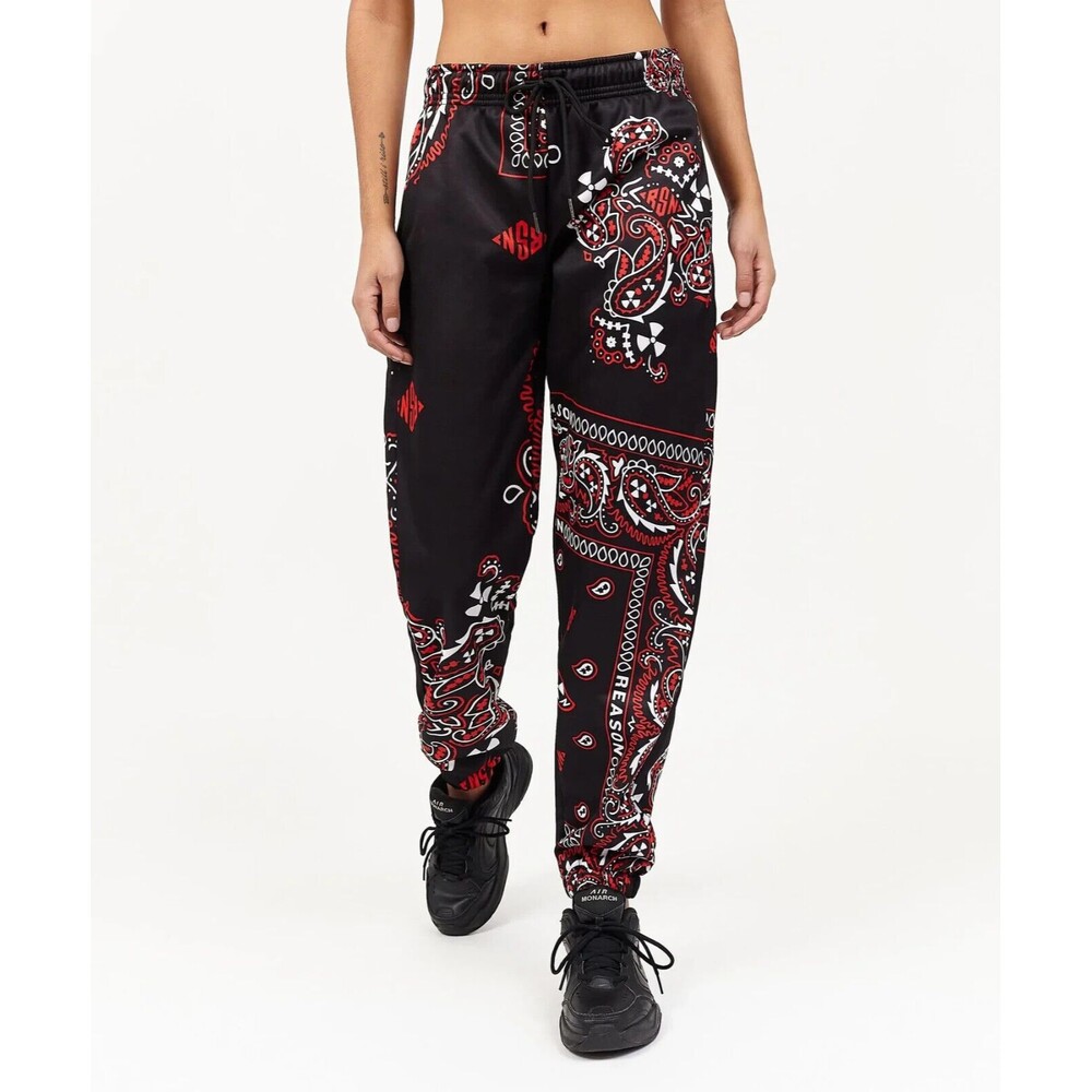 Reason Joggers Women’s Large Black Red White Bandana Paisley Print Sweatpants - Picture 6 of 9